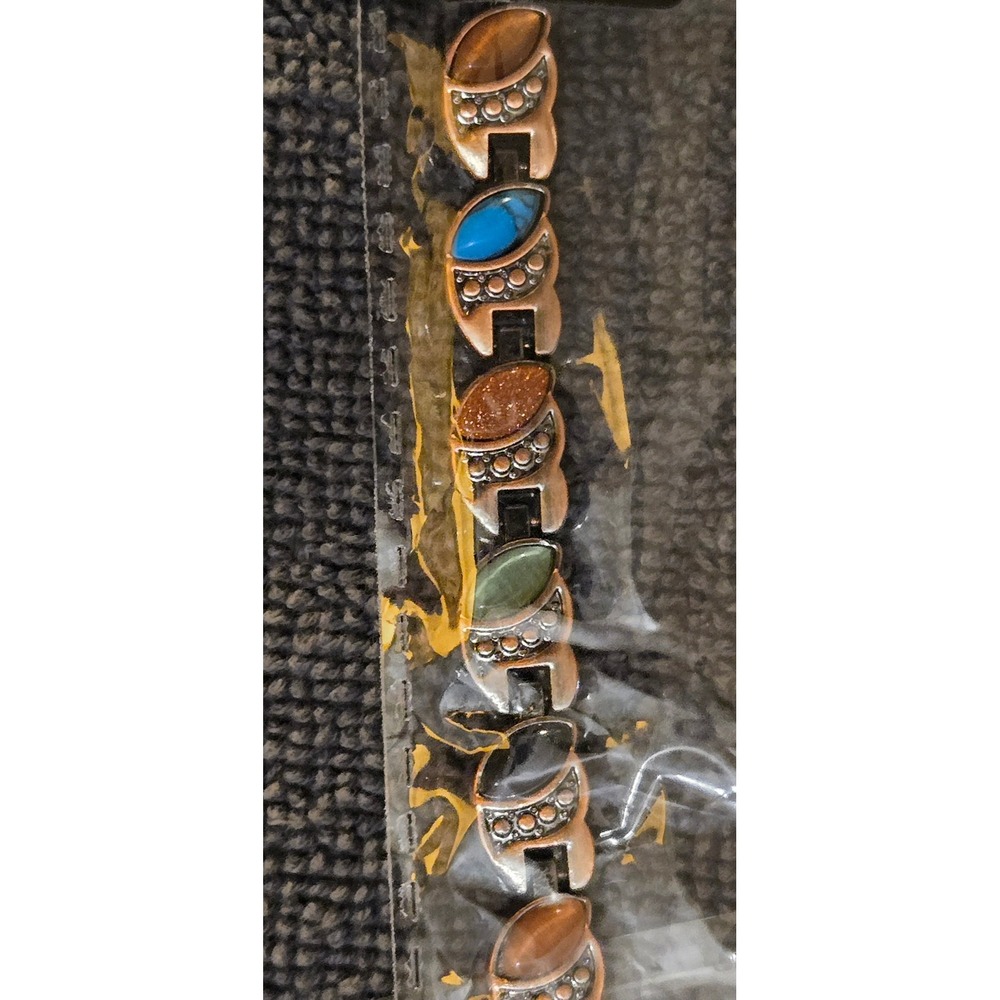 Copper Flux Magnetic Therapy Bracelet Multi Stone Cabochon Copper Tone Link NEW